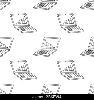 Seamless pattern from simple hand drawn doodle laptop with graph on desktop. Isolated on white background. Vector stock illustration. Stock Vector