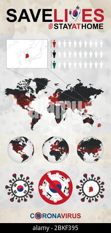 Infographic about Coronavirus in South Korea - Stay at Home, Save Lives. South Korea Flag and Map, World Map with COVID-19 cases. Stock Vector