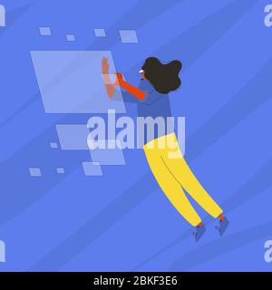 Woman in virtual reality glasses. Female student character study with vr headset . Vector flat color illustration. Stock Vector