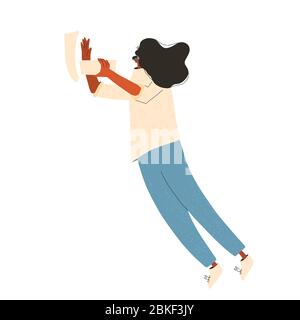 Woman in virtual reality glasses isolated on white background. Female business character with vr headset . Vector flat color illustration. Stock Vector