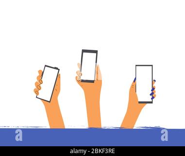 Human hands holding a phones banner template. Smartphones with empty ...