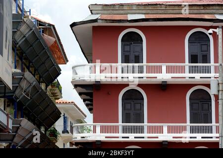 Construction and restoration of Spanish colonial architecture buildings in the old town of Casco Viejo, Panama City, Panama Stock Photo