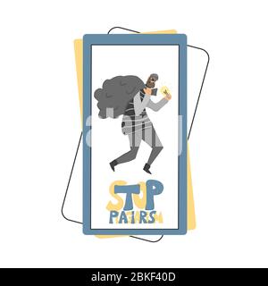 Stop plagiarism concept, infringement of copyright. Person stealing an idea metaphor. Thief running away with a light bulb in his hands on phone scree Stock Vector