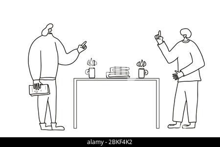 Coworkers have a conflict. Two persons discussing about work. Bad relashionship. Quarrel of colleagues. Vector  illustration. Stock Vector