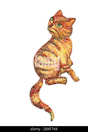 Handmade watercolor painting illustration. Pointillism kitten art. Stock Vector