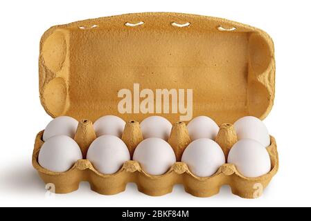 Open tray with eggs front view Stock Photo