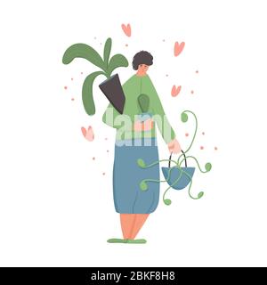 Plant lover. Smiling person wearing in cozy clothes holding in hands indoor flowers isolated on white background. Senior woman with short hair standin Stock Vector