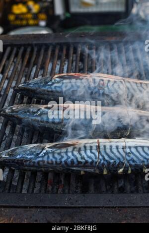 Raw fish on grill, cooking or being prepared during street food festival or fish market. Simple trout recipe, cooked without herbs and spices. Fresh F Stock Photo