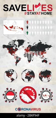 Infographic about Coronavirus in Indonesia - Stay at Home, Save Lives. Indonesia Flag and Map, World Map with COVID-19 cases. Stock Vector