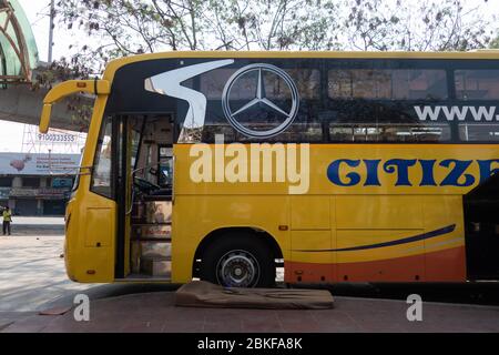 Hyderabad, India. 03 May, 2020. Intercity private buses parked in a railway station in Hyderabad city,during government imposed nationwide lockdown in Stock Photo