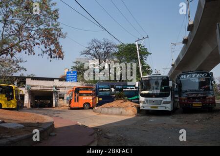 Hyderabad, India. 03 May, 2020. Intercity private buses parked in a railway station in Hyderabad city,during government imposed nationwide lockdown in Stock Photo
