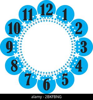 clock dial enormous numbers for the hours and small for seconds blue circles on transparent background Stock Vector