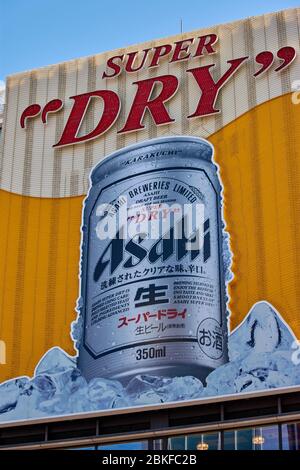 Osaka / Japan - May 21, 2018: Asahi Super Dry neon advertisement billboard at popular tourist area of Dotonbori in Osaka, Japan Stock Photo