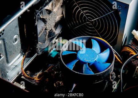 Dust on computer pc processor cooler with mainboard. concept Component maintenance. Stock Photo