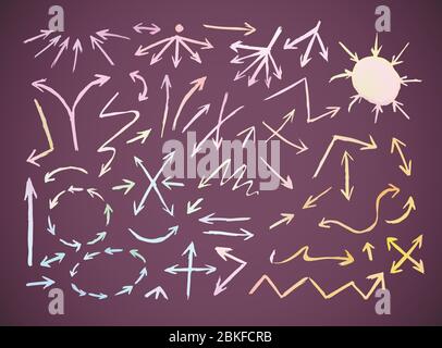 Pastel hand drawn doodle sketch arrows. Arrows set made by hand. Trendy vector arrow design elements in pastel colors. Stock Vector