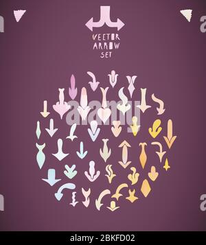 Pastel hand drawn doodle sketch arrows. Arrows set made by hand. Trendy vector arrow design elements in pastel colors. Stock Vector