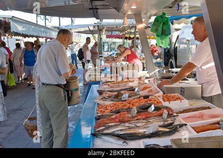 Open air fish market in Sanary Sur Mer, France. Stock Photo