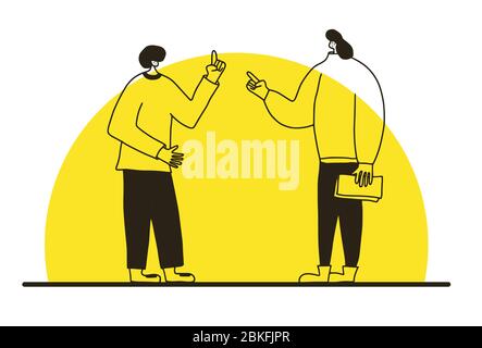 Young characters arguing each other. Two persons discussing about culture. Scene of family conflict. Bad relashionship. Quarrel. Vector illustration. Stock Vector
