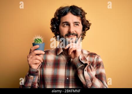 Young man with curly hair and beard holding small cactus plant pot over yellow background serious face thinking about question, very confused idea Stock Photo
