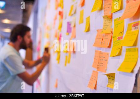 An IT worker tracking his tasks on Kanban board. Using Kanban board for task control is a kind of agile development methodology. Stock Photo