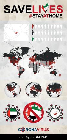 Infographic about Coronavirus in United Arab Emirates - Stay at Home, Save Lives. UAE Flag and Map, World Map with COVID-19 cases. Stock Vector