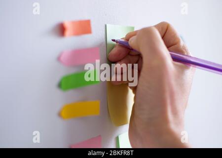 A hand is adding an new task to kanban board. Agile development in business Scrum, Teamwork, Agility, Working, Adhesive Note, To Do List Stock Photo