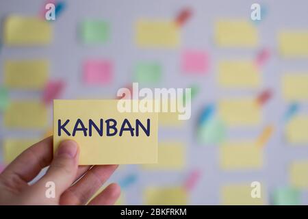 A hand holding kanban sticky note in front of a kanban board Stock Photo