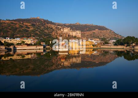 Bundi Garh Palace and reflection, Rajasthan, India Stock Photo