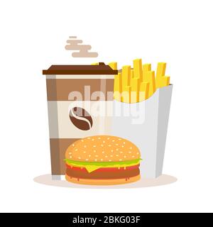 Fast Food . Hamburger Classic Burger Potatoes French Fries in . Package Box Blank Cardboard Cups for Coffee Soft Drinks- Take Away Handle Lunch Bags Stock Vector