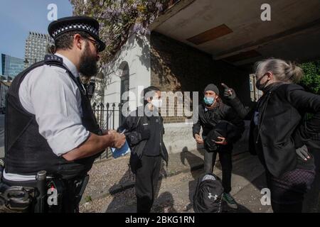 Euston, Lonodon, UK. 4th May 2020. In addition to Euston and Colne Valley, HS2 Rebellion actions are taking place all along the proposed route, with Stop HS2 and other activists blockading over 20 HS2 sites today... from London to Crackley Woods, Warwickshire.   Protectors wish to emphasise the public resistance to HS2'S destruction of our Ancient Woodland and Wildlife Habitats and HS2'S failure to stop construction works at multiple sites,  breaching HSE Covid guidelines and exposing their workers, protestors, families and communities to unnecessary risk during a national health crisis. Credi Stock Photo