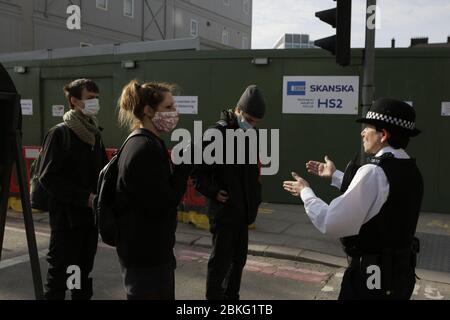 Euston, Lonodon, UK. 4th May 2020. In addition to Euston and Colne Valley, HS2 Rebellion actions are taking place all along the proposed route, with Stop HS2 and other activists blockading over 20 HS2 sites today... from London to Crackley Woods, Warwickshire.   Protectors wish to emphasise the public resistance to HS2'S destruction of our Ancient Woodland and Wildlife Habitats and HS2'S failure to stop construction works at multiple sites,  breaching HSE Covid guidelines and exposing their workers, protestors, families and communities to unnecessary risk during a national health crisis. Credi Stock Photo