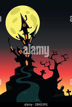 Scary old  haunted castle on the hill with full moon behind. Halloween background illustration Stock Vector