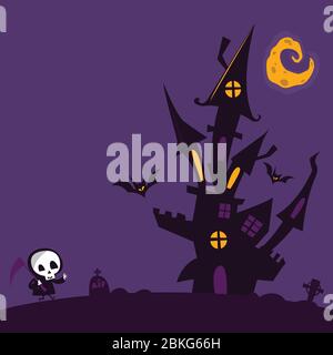 Scary old haunted house with ghosts. Halloween cartoon background illustration with castle and cute death skeleton character Stock Vector