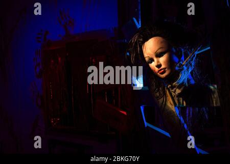 The bloody head of a doll or mannequin is tied with a rope to a fence. Re-enactment of the brutal murder Stock Photo