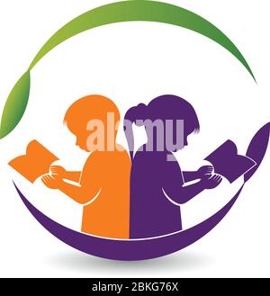 boy and girl reading book logo Stock Vector