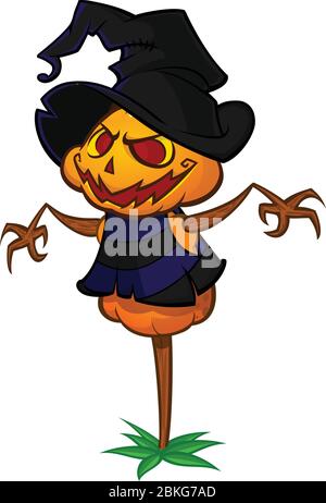Halloween cartoon scarecrow with pumpkin head. Cartoon character Stock Vector