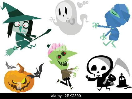 Cartoon Halloween characters set. Zombie, pumpkin head, mummy, bat, witch, ghost, grim reaper, death and cemetery Stock Vector