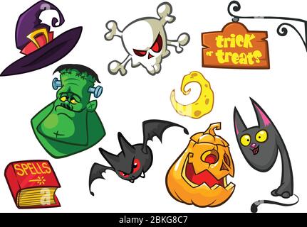 Cartoon set of Halloween symbols. Witch cat, pumpkin, skull, witch hat, zombie, book of spells, trick or treats sign and bat. Vector illustration Stock Vector