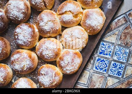 Whole grain buns on table. Fresh baked buns for breakfast Stock Photo