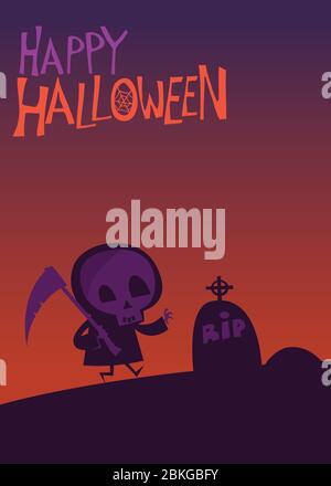 Cartoon scary grim reaper on Halloween cemetary background with tombstones. Vector illustration Stock Vector