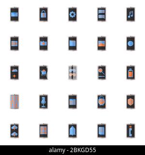 25 smartphone application flat icon set in grey, black, orange and light blue color scheme. Concept modern mobile phone technology icon design. Stock Vector