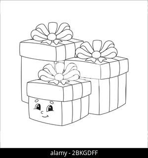 Coloring book for kids. Holiday boxes with gifts decorated with ribbons with bows. Cartoon character. Vector illustration. Black contour silhouette. I Stock Vector