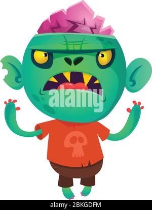 Cartoon funny green zombie. Halloween vector illustration of zombie creature. Stock Vector