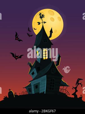 Spooky old ghost house. Halloween card poster. Vector illustration Stock Vector