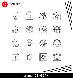 Set of 16 Modern UI Icons Symbols Signs for call, easter, key, egg, map Editable Vector Design Elements Stock Vector