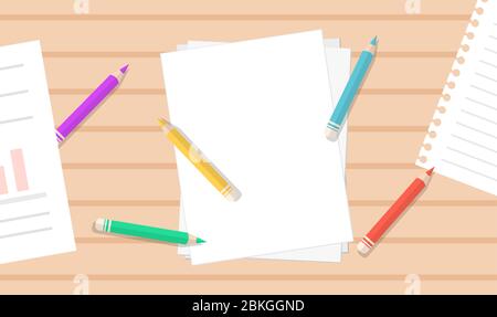 Empty papers and color pencils on wooden table. Notepad paper, Statistical growth charts paper and colorful pencils, top wiev. Isolated vector illustr Stock Vector