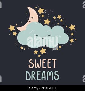 Cute poster with moon, stars, cloud on a dark background. Vector print for baby room, greeting card, kids and baby t-shirts and clothes, womenswear. S Stock Vector