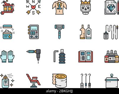 Set of Tattoo Studio Color Icons. Tattoo Machine, Ink Bottles, Chair and more. Stock Vector
