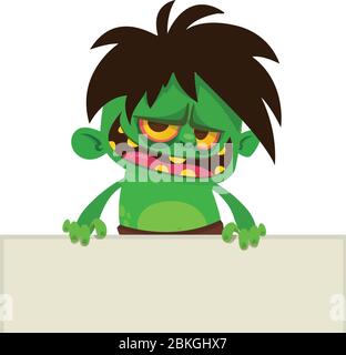 Cartoon zombie holding blank paper banner for text. Vector illustration. Isolated on the white background. Halloween design element for banner, postca Stock Vector