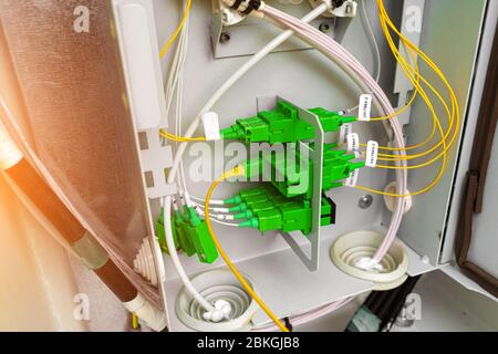 Detail of a modern communications equipment installed in a large datacenter. Stock Photo